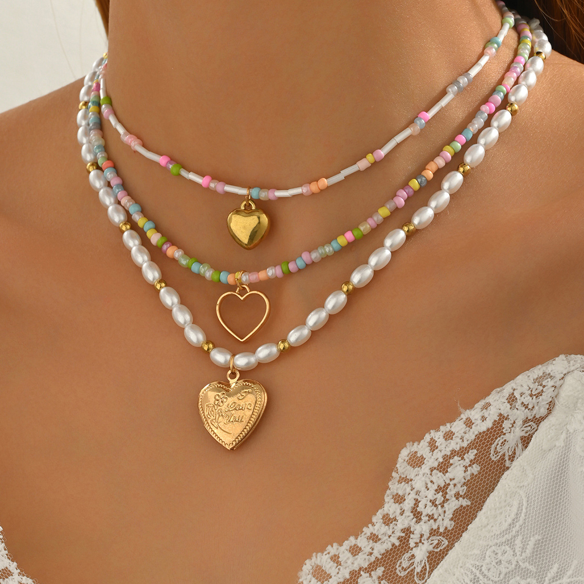 European and American Bohemian Heart Pendant Necklace Fashionable Multi-Layer Colorful Beaded Imitation Pearl Clavicle Chain