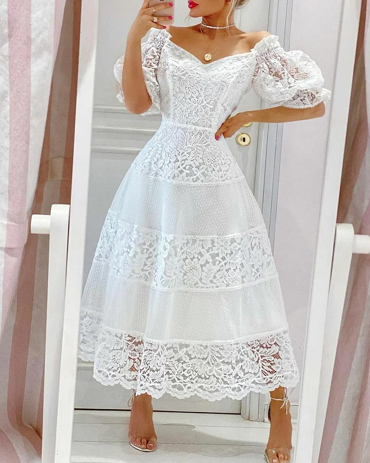 Lace Stitching Puff Sleeve Elegant Dress