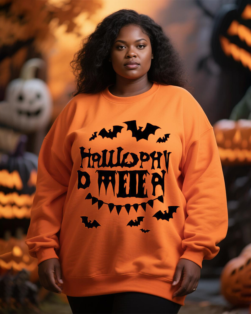 Women's Big And Tall Halloween Orange Bat Alphabet Print Crewneck Sweats