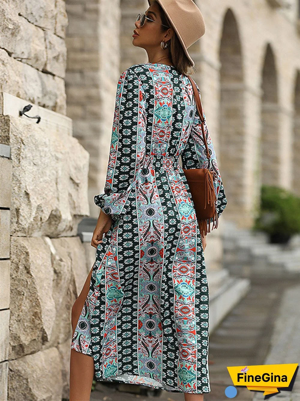 V-neck Long Sleeve Printed Bohemian Long Dress