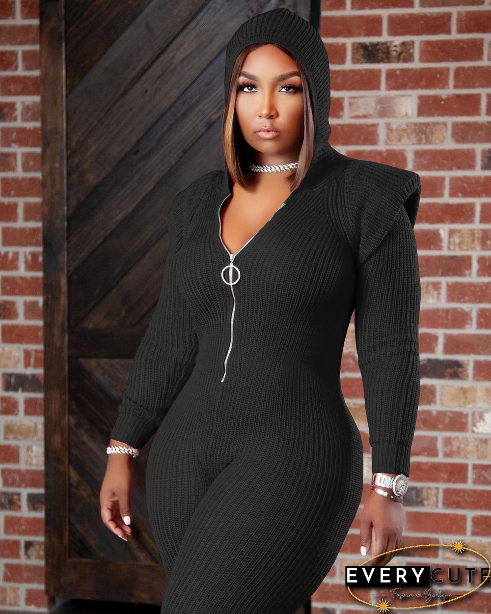 Knitted Long Sleeve Shoulder Padded Hooded Jumpsuit