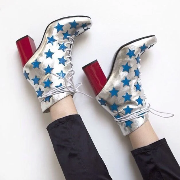 Silver Chunky Heel Lace Up Ankle Boots with Blue Stars Decor |FSJ Shoes