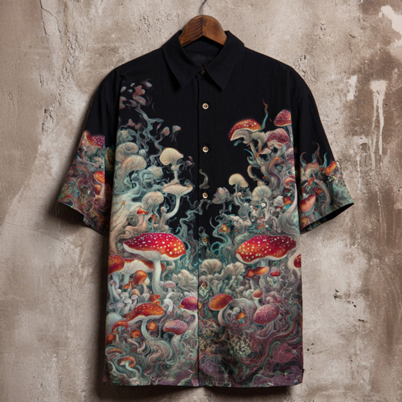 Men's Japanese Art Mushroom Print Short-sleeve Shirt  artssus