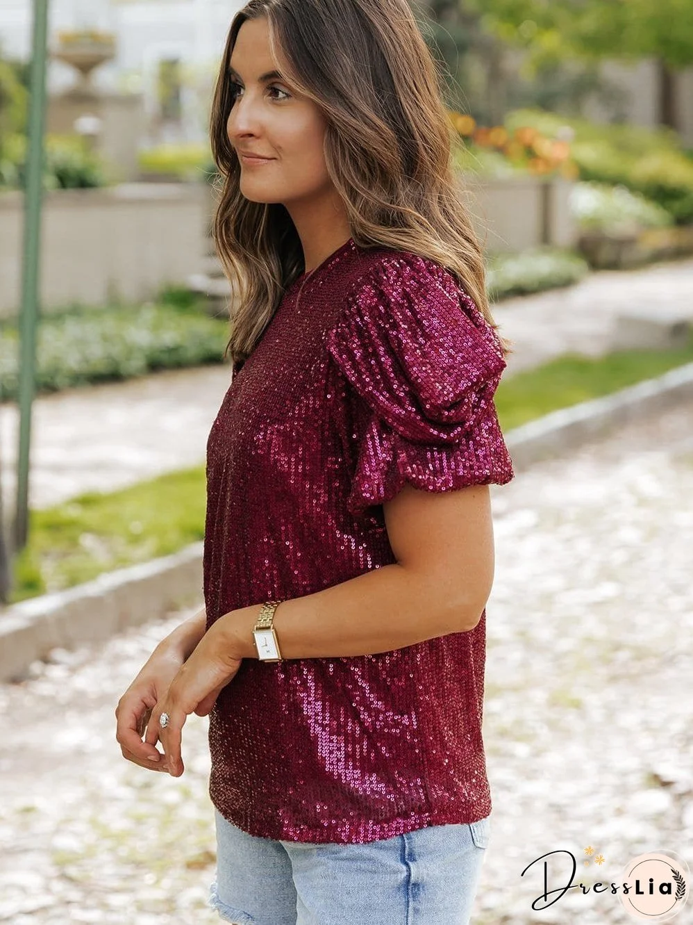 Chic Burgundy Sequin Blouse