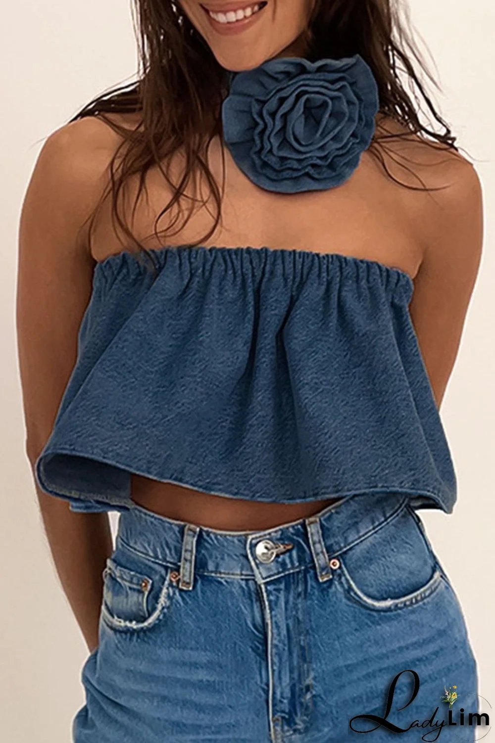 Blue Sexy Solid Patchwork Strapless Tops