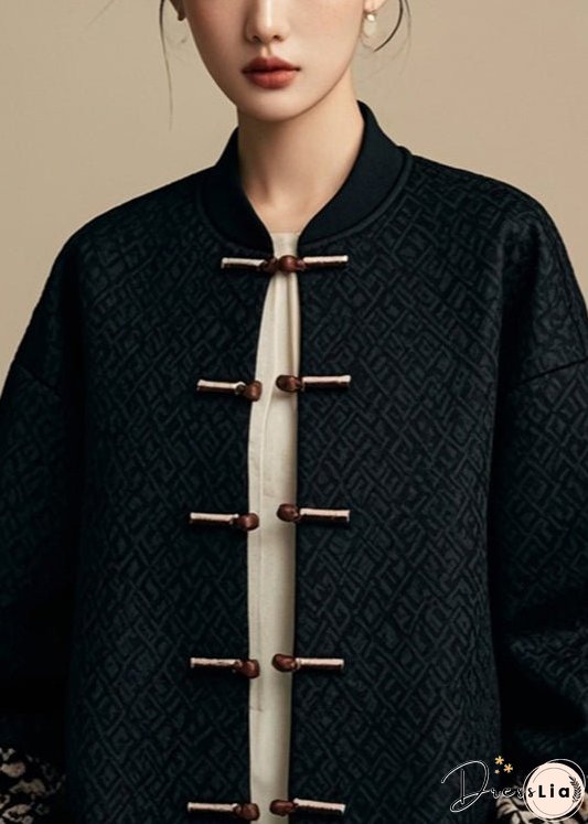 New Black Button Patchwork Cotton Coat Fall