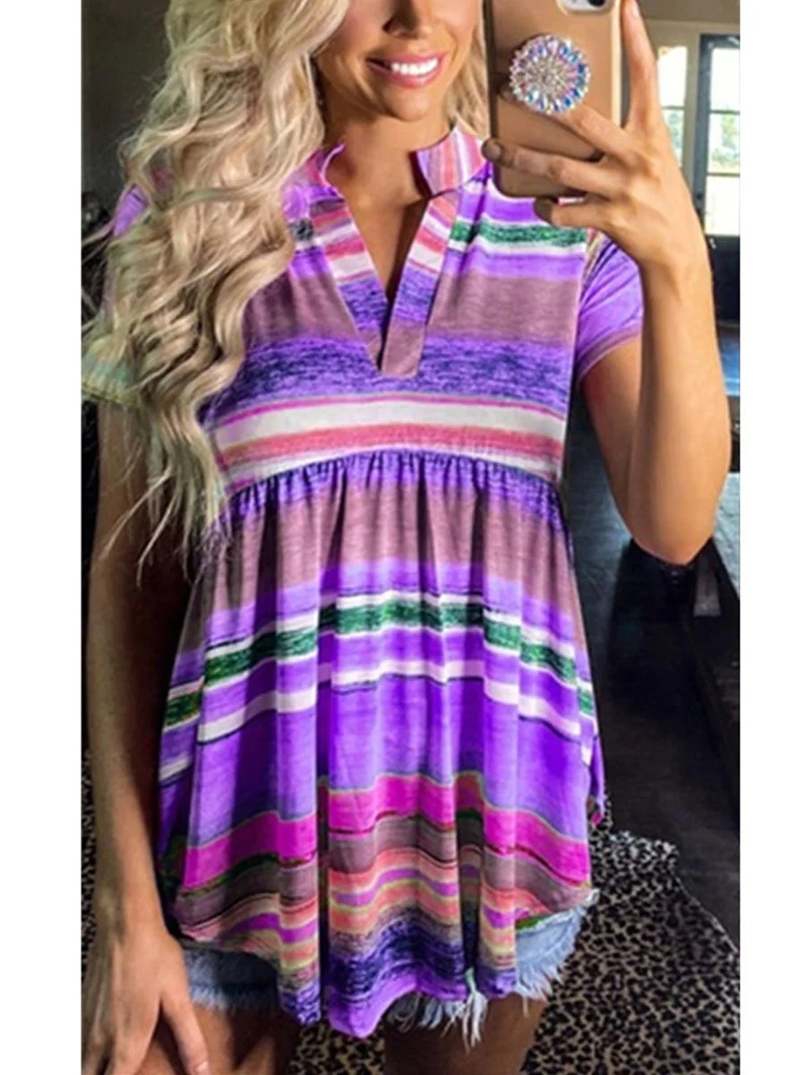 Rainbow Stripes V-Neck Tunic Tops