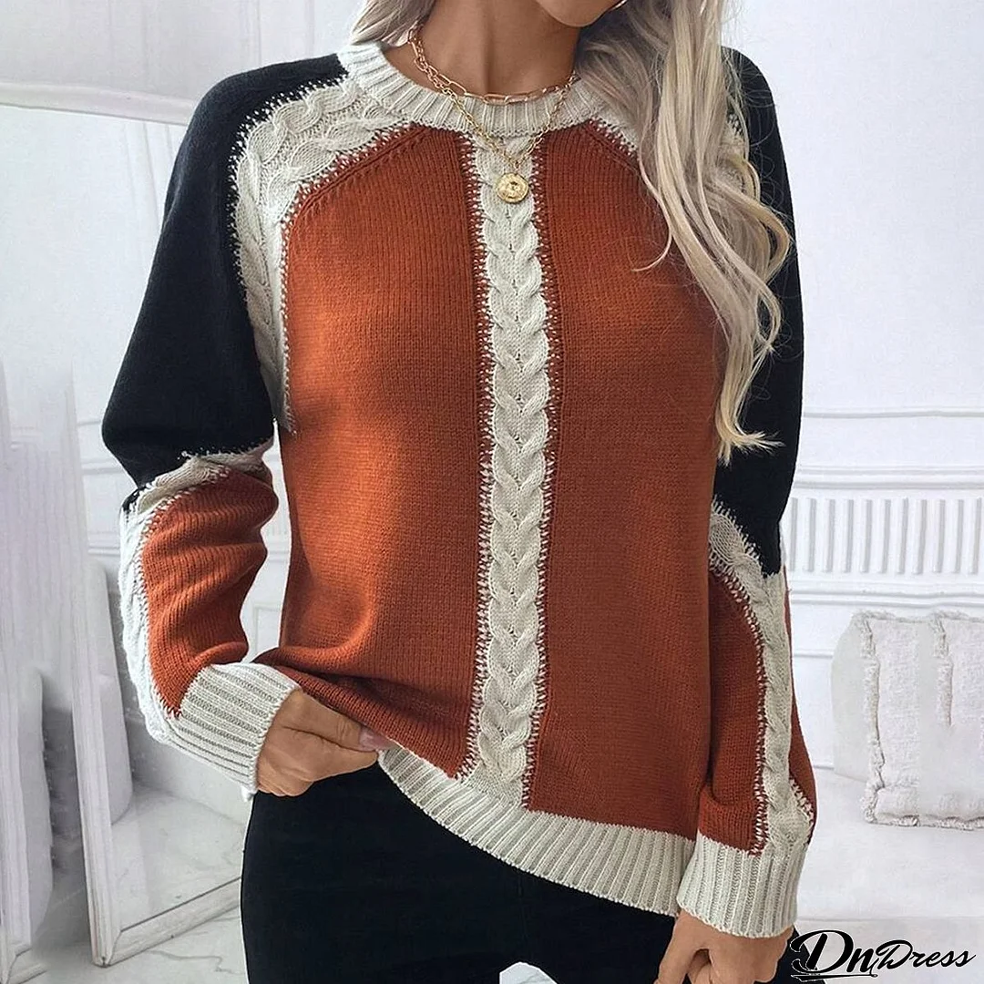Cozy Color Block Round Neck Long Sleeve Sweater