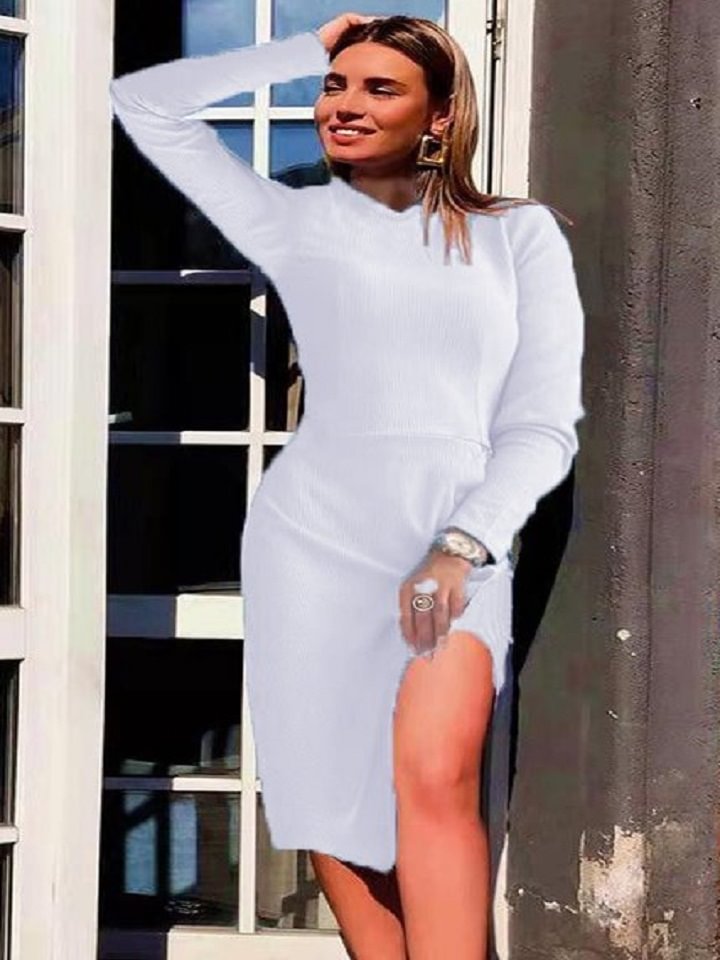 Solid Color Split Bottoming Shirt Dress White Dresses