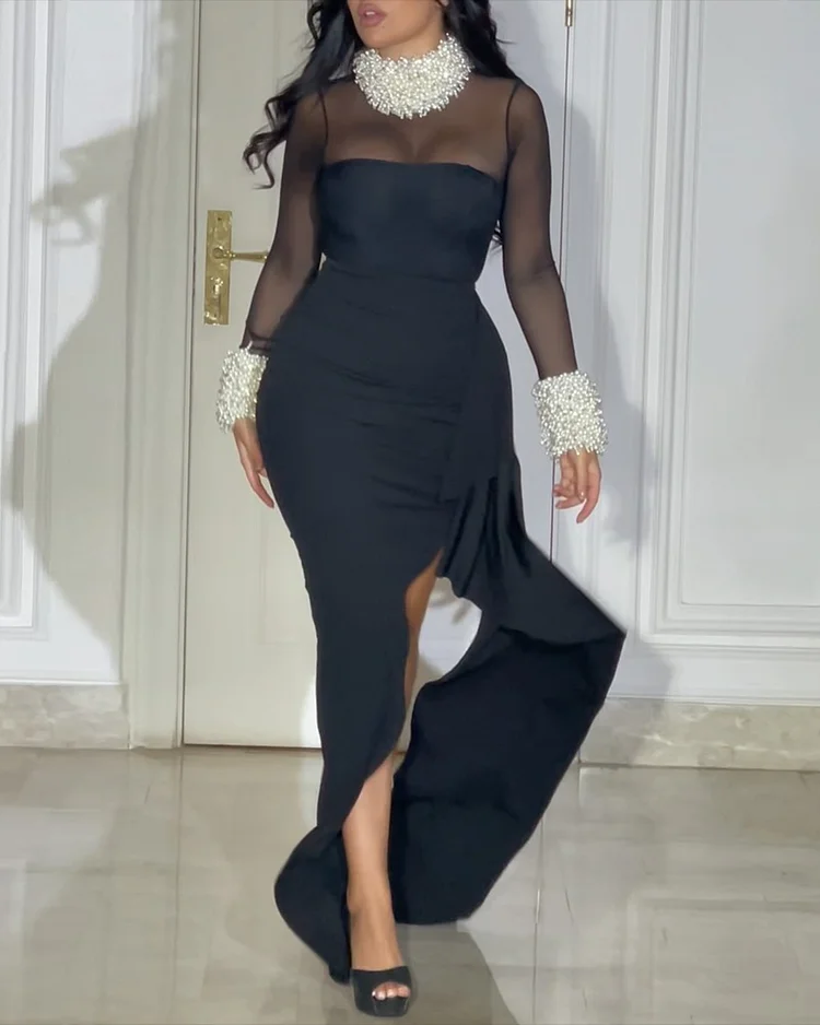 Women's Long Sleeve Mesh Slit Pearl Dress
