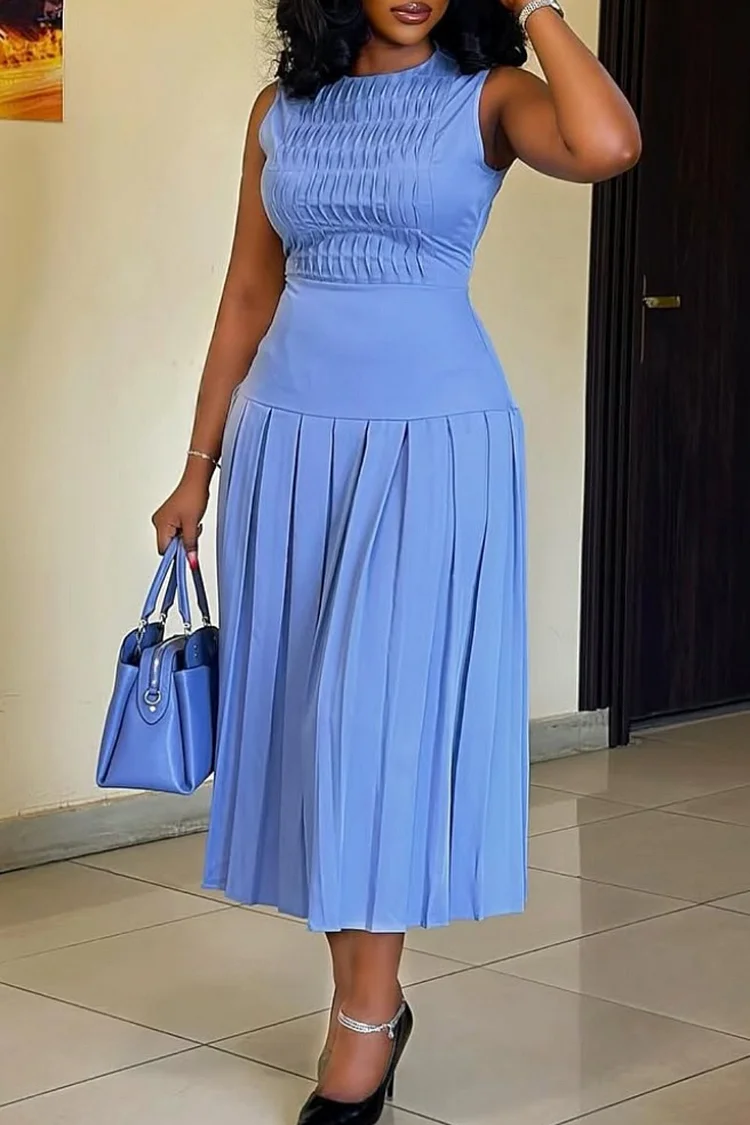 Plus Size Business Casual Blue Elegant Round Neck Fold Pleated Midi Dresses [Pre-Order]