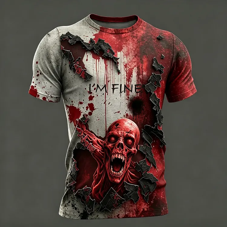 Men's Classic Halloween Bloody Skull With Bloodstain I'm Fine Art Short Sleeve T-shirt