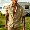 Men's Linen Short Sleeve Shirt Summer Casual Button Down Top Breathable Lightweight Pink Dress Shirt for Beach Vacation by Inlyline