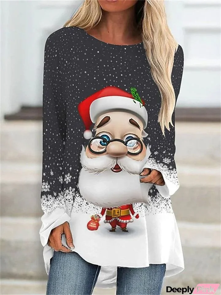 Stylish Cozy Ladies Long Sleeve Santa Claus Printed T-shirt