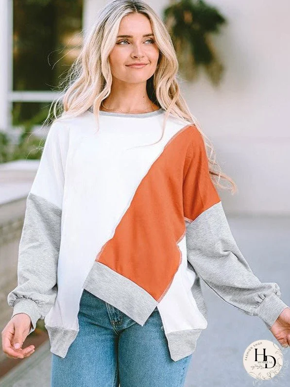 Knit Sweatshirt With Irregular Color Blocking - Women'S Loose Fit Long Sleeve Top