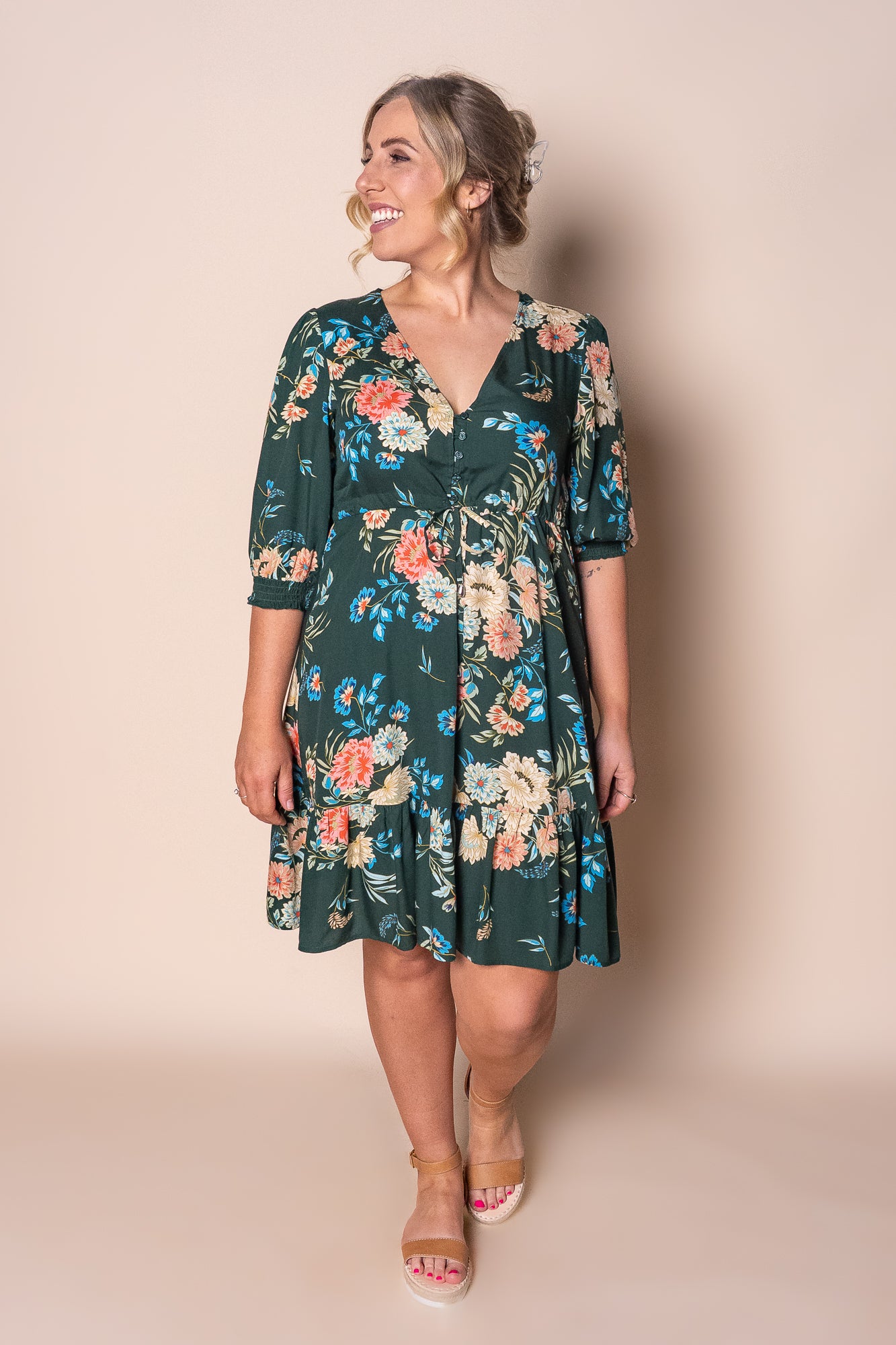 Janie Floral Dress in Dark Green