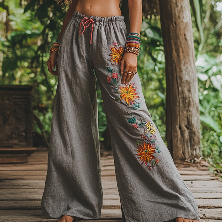 Bohemian Holiday Style Retro Linen Floral Ethnic Totem Print Casual Pants