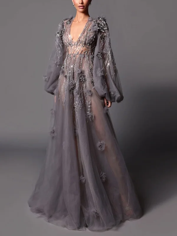 V-Neck Mesh Solid Color Long Sleeves Maxi Dress