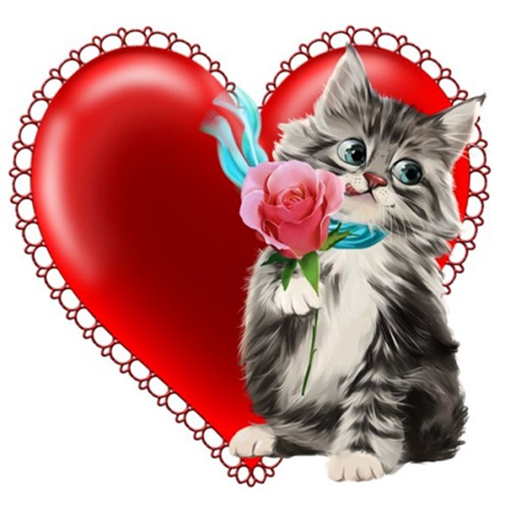 

30*30CM - Round Drill Diamond Painting - Cat Holding Roses, 501 Original