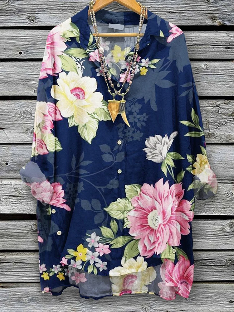 Women's  Floral  Print Casual Cotton And Linen Shirt