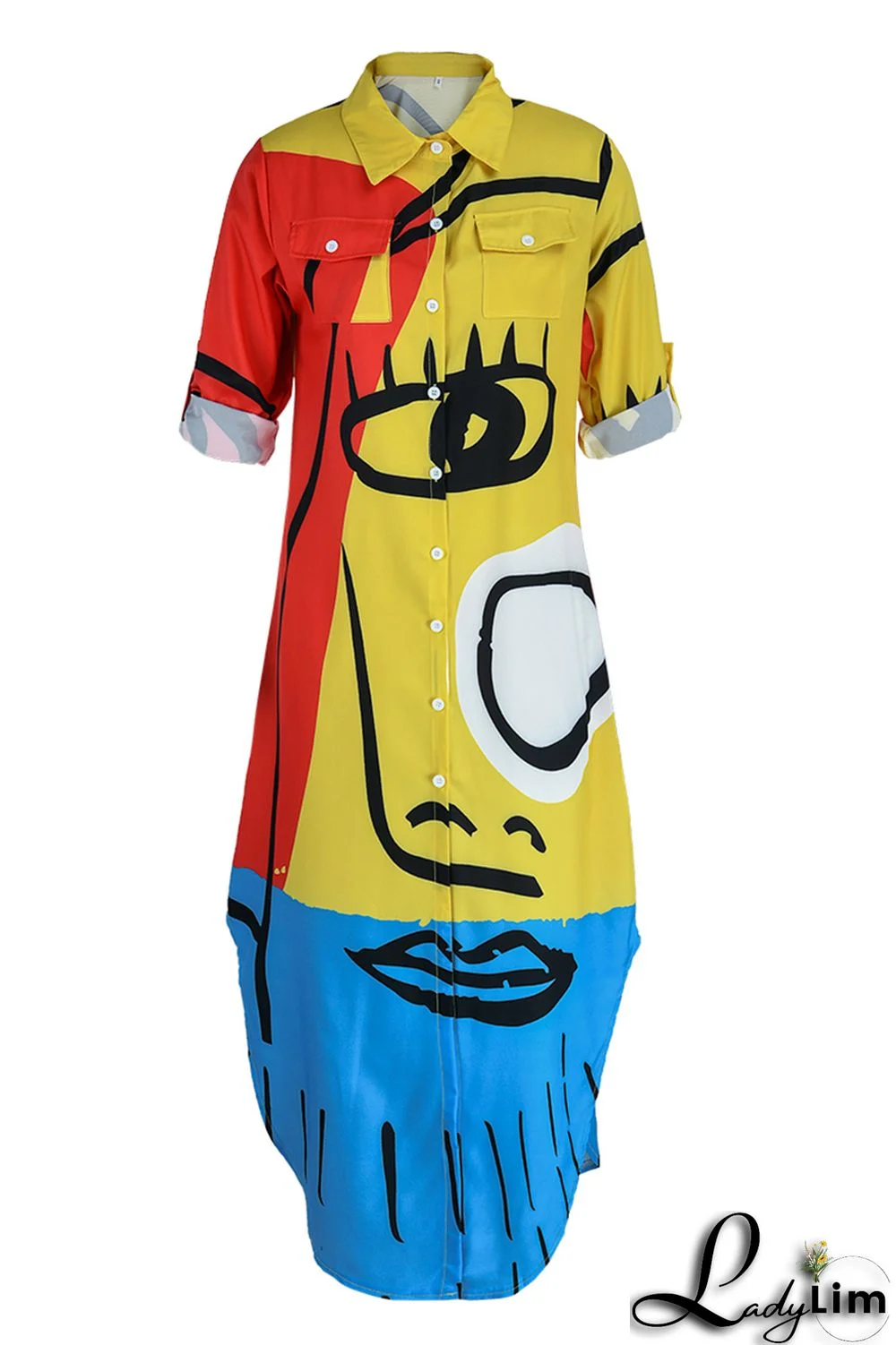 Cream White Fashion Casual Print Slit Turndown Collar Shirt Dress