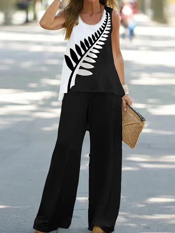 Women's Sleeveless Round Neck T-Shirt Top Trousers Two-Piece Suit