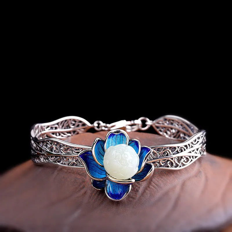 White Jade Blessing 925 Sterling Silver Bracelet Necklace Earrings Ring