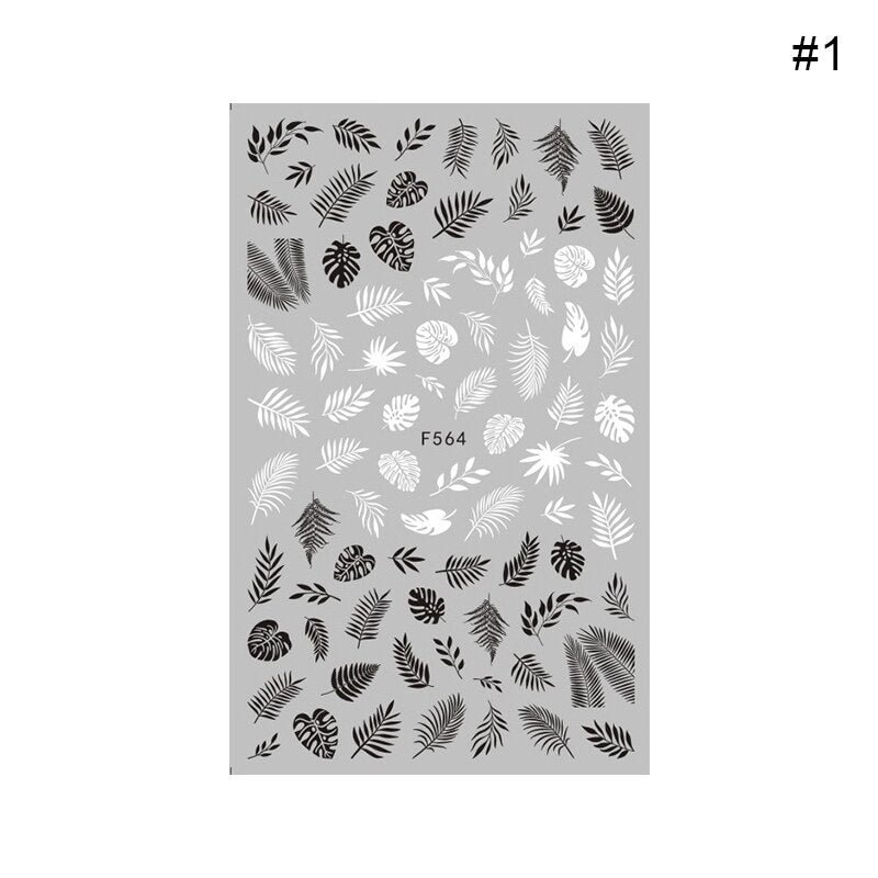 Black White 3D Nail Art Stickers Adhesive Transfer Sticker Flower Tropical Plants Image Nail Art Decals Slider DIY Decorations