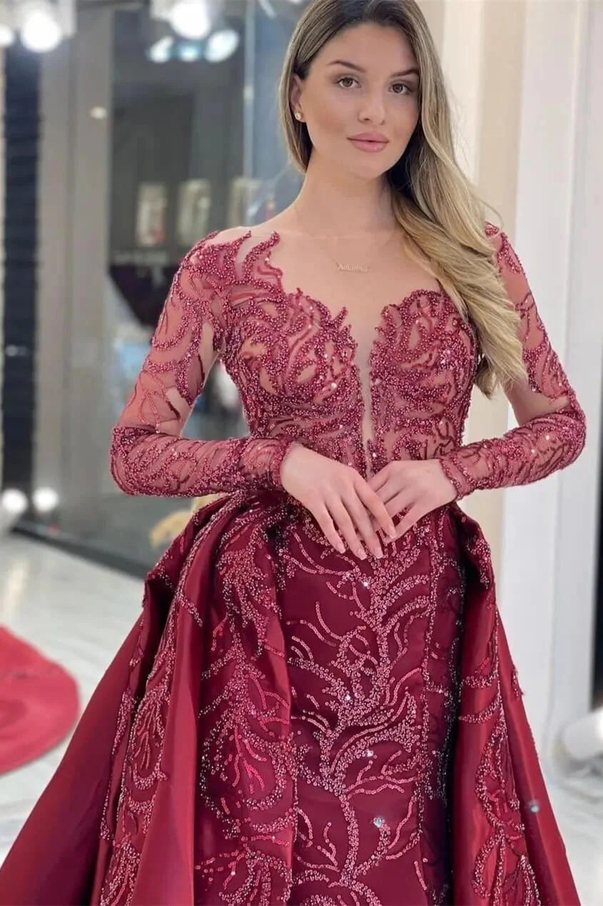 Miabel Burgundy Long Sleeve Mermaid Evening Dress With Beautiful Sequins Beadings Overskirt Miabel Burgundy Long Sleeve Mermaid Evening Dress With Beautiful Sequins Beadings Overskirt