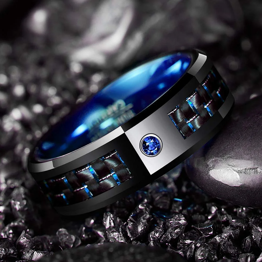 8MM Women Or Men's Blue/Black Tungsten Matching Carbide Beveled Edge Rings with CZ Inlay