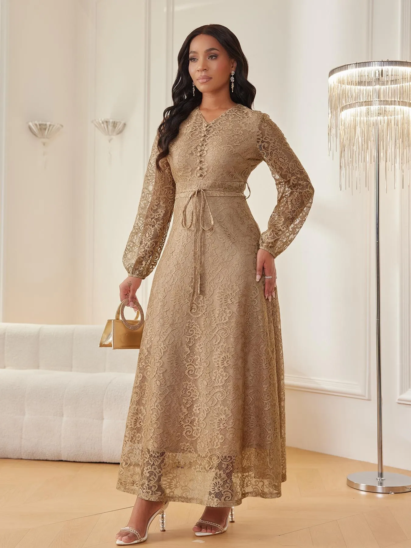 Women's Lace V-Neck Long Sleeve Dress, Elegant Chic Belted Waist, Slim Fit, Plain Color, Wedding Evening Formal Occasion, Spring & Fall