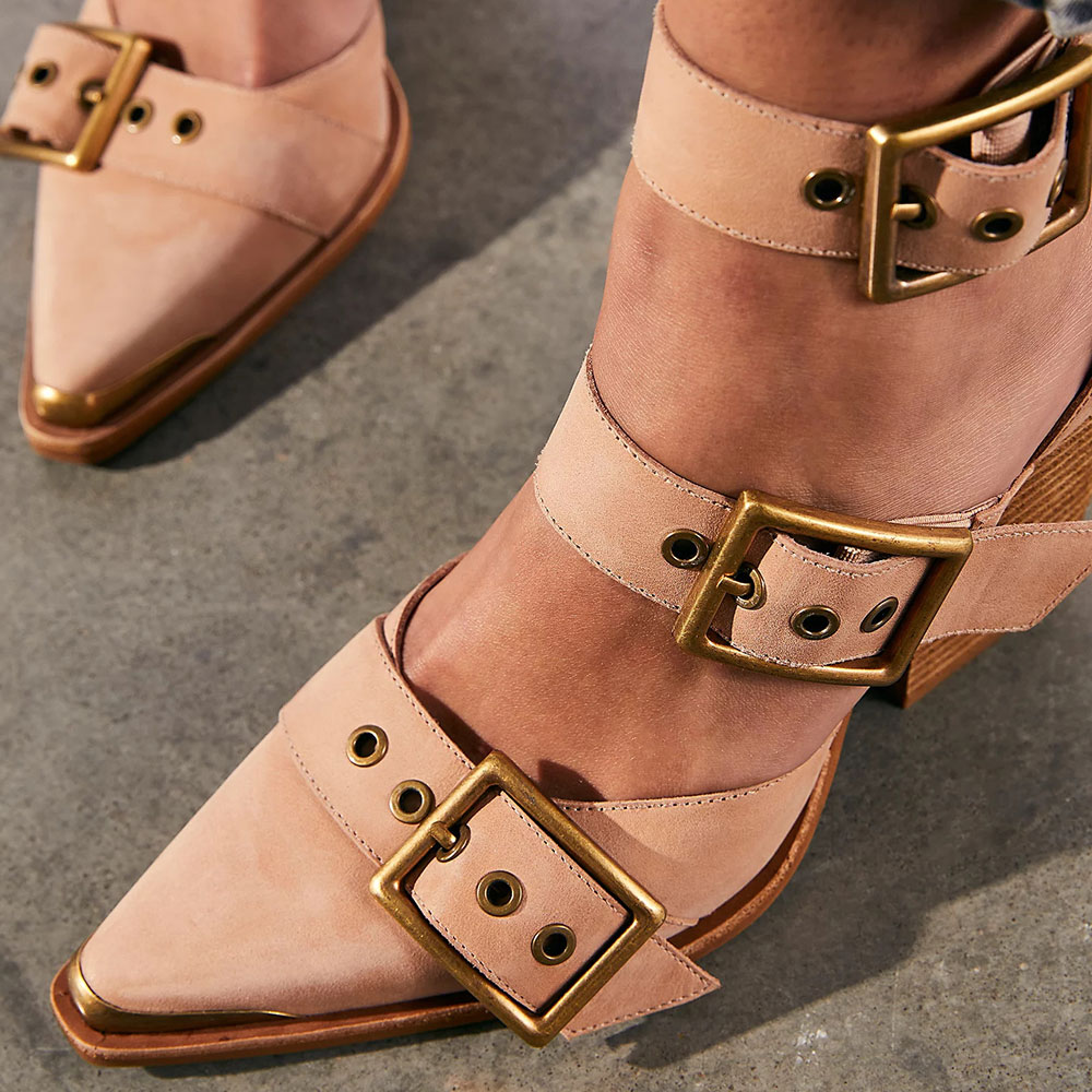 Nude Buckle Strappy Pointed Toe Chunky Heel Zipper Pumps for Women Nicepairs