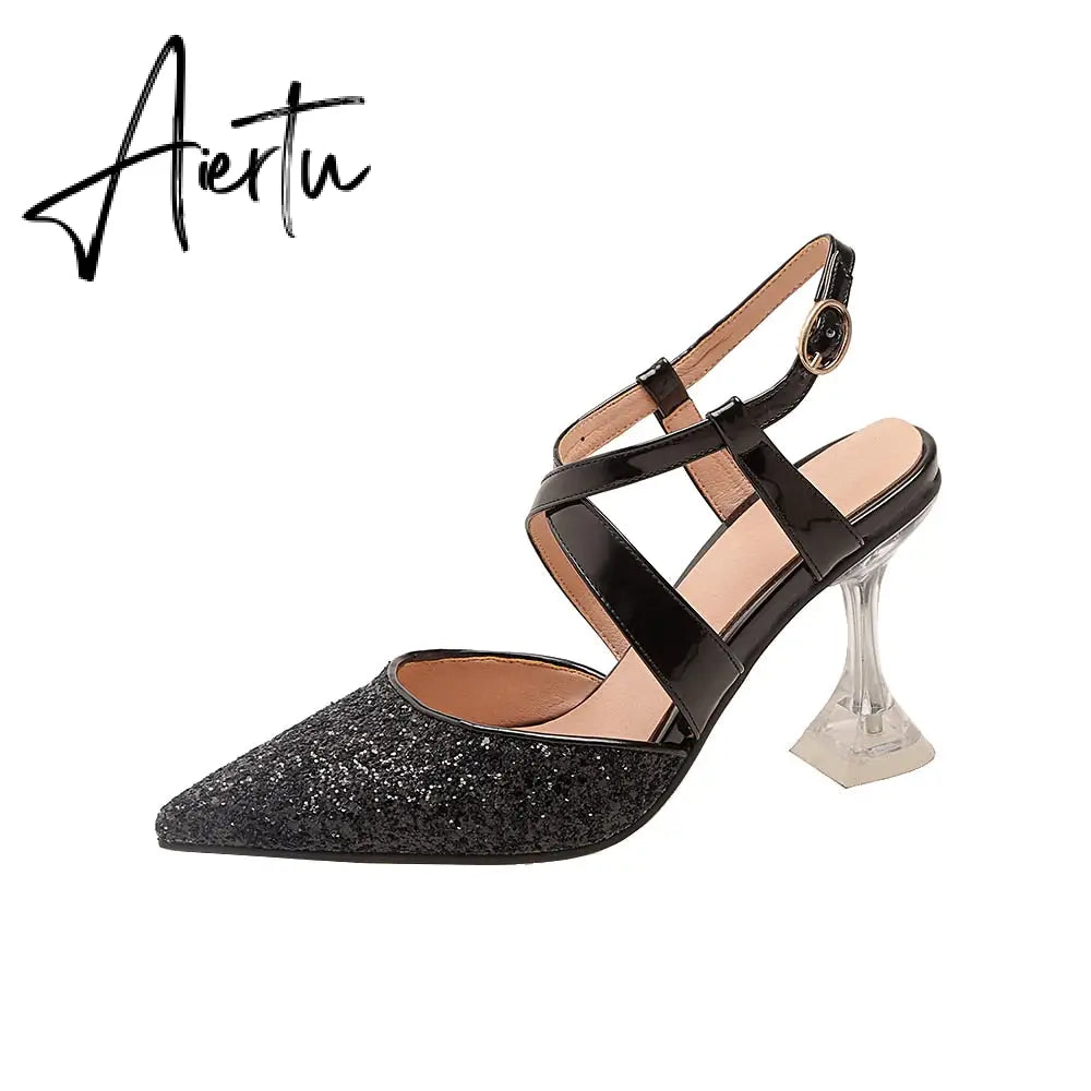 Sandals Women Glitter Clear High Heels Pointed Cross Strap Slingback Lady Shoe Ankle Strap Buckle Party Pumps Bride Big Size 43 Aiertu