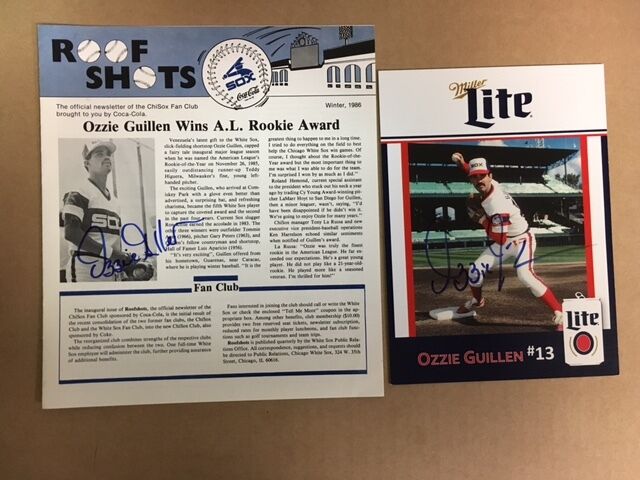 Ozzie Guillen Signed 5x7 Miller Lite Ad & Signed 1986 ROY Fan Club Letter COA