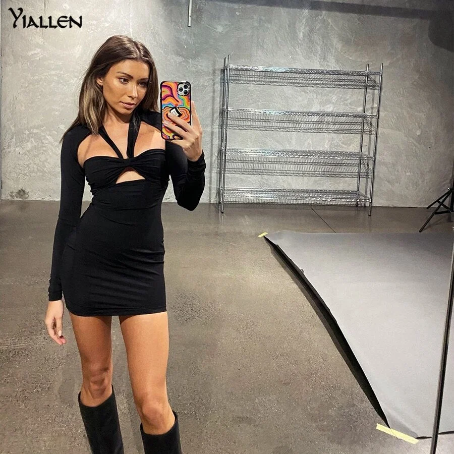 Yiallen Summer Fashion Sexy Hollow Out Long Sleeve Halter Solid Mini Dress New Casual Skinny Stretch Streetwear Women Y2K Dress