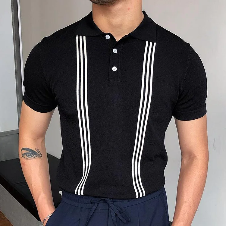 BrosWear Vertical White Striped Casual Short Sleeve Slim Polo Shirt black
