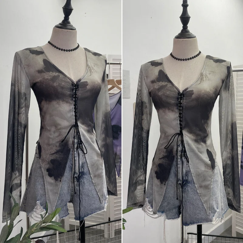 Uveng Real Shooting Hottie Slear Dye Printing V Tie With Hollow Irregular Shoulder Long-Sleeved T-Shirt 2622