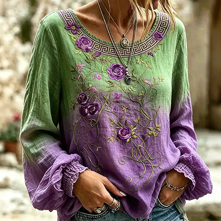 Women's Vintage Purple Rose Gradient Pattern Casual T-shirt