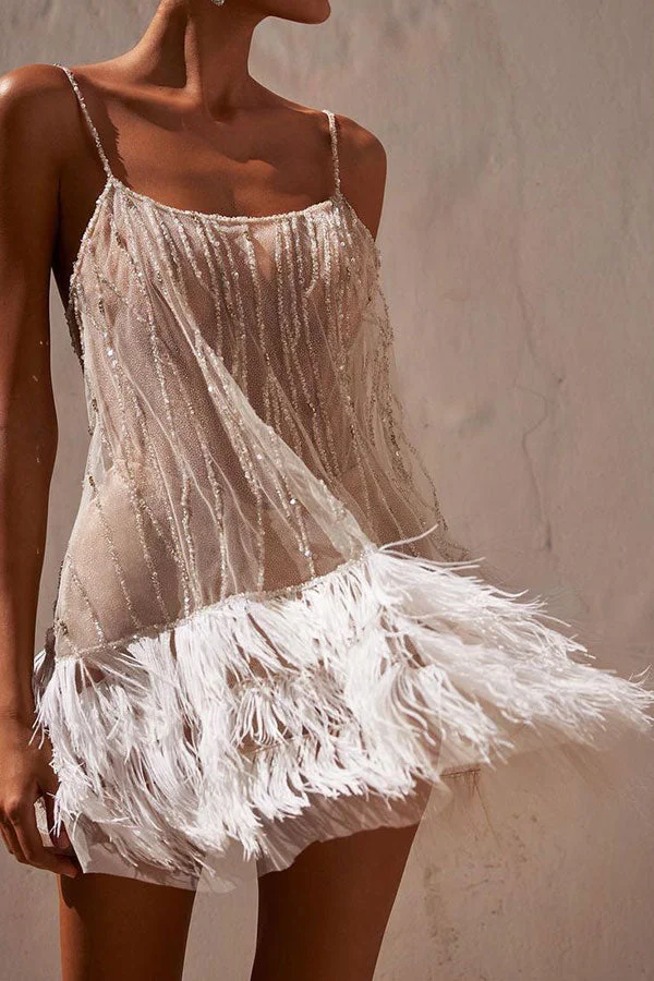 Sequined Patchwork Glamorous Feather Hem Mini Dress