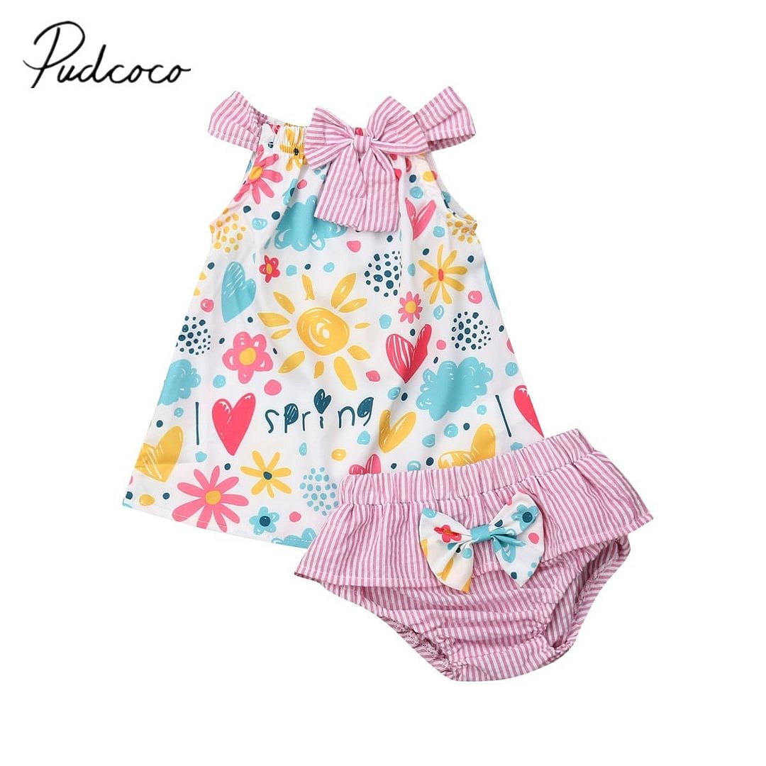 2019 Brand New Infant Summer 2Pcs Clothes Newborn Toddler Baby Girls Floral Outfits Cotton Tops Dress+ PP Striped Shorts Sets