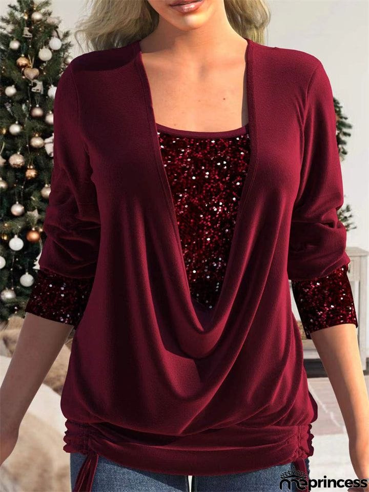 Women's Luxury Contrast Color Sequins Faux Two Shirts