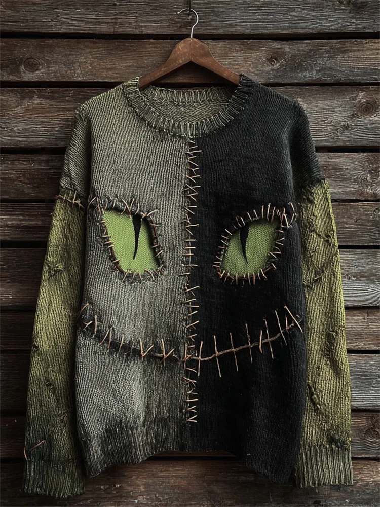 Halloween Black Cat Face Contrast Stitched Cozy Knit Sweater