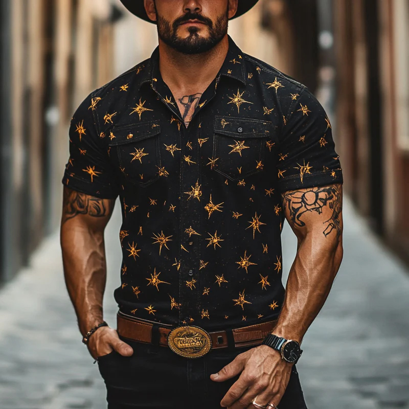 Men's Western Cowboy Star Print Short Sleeve Shirt