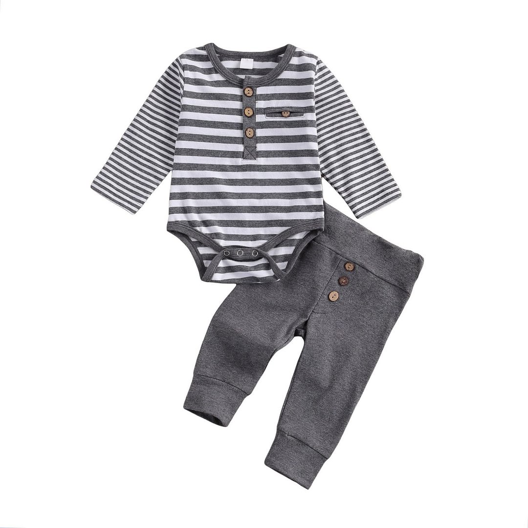 2Pcs Baby Girl Boy Casual Suit, Round Neck Long Sleeve Stripe Romper Solid Color Button Decoration Loose Trousers Spring Autumn