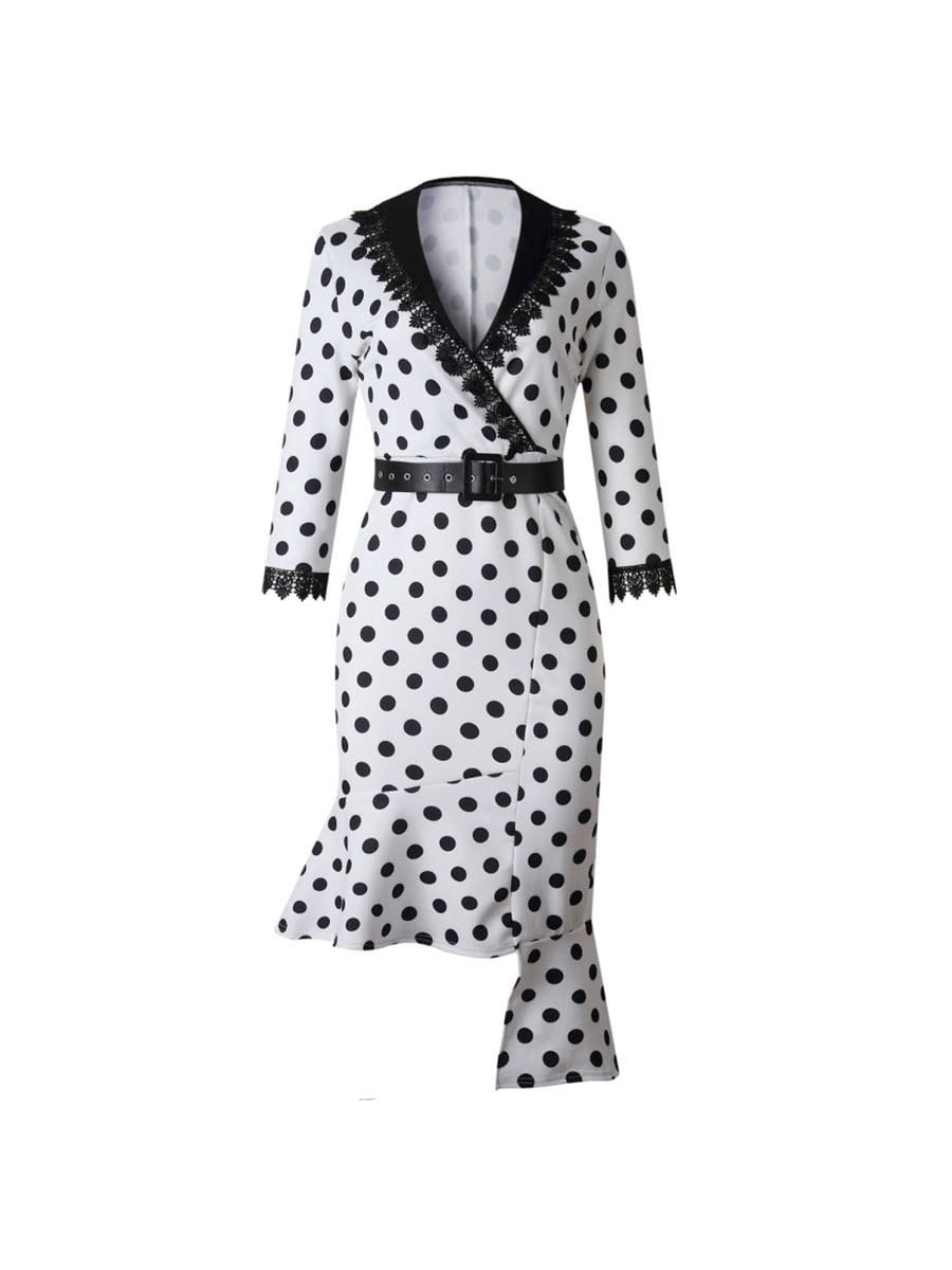 1950s Dress Stylish Solid Dot Print Bodycon Dress With Belt