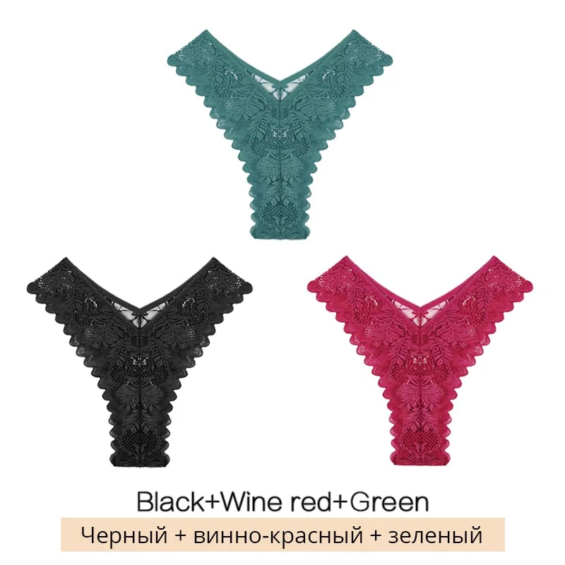 FINETOO Sexy Low-Rise Lace Panties 3Pcs/set Women Floral Brazilian Underwear S-XL Girls T-back Underpants Ladies Lingerie 2021