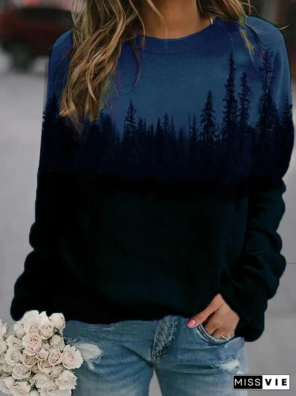 Round Neck Loose Printed Hoodie