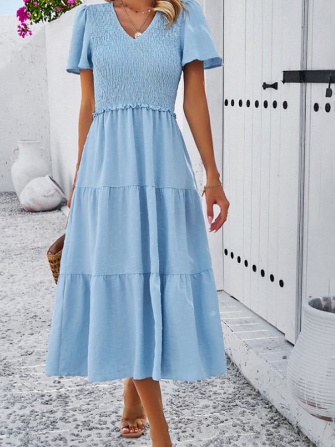 Casual Solid Color V -Neck Short -Sleeved Dress