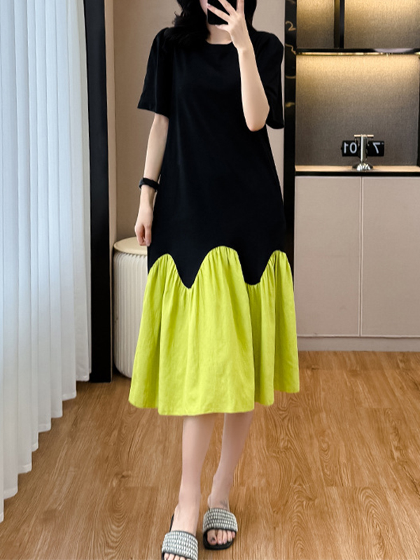 Colorblock Hem Short Sleeve Round Neck Cotton Midi Dress