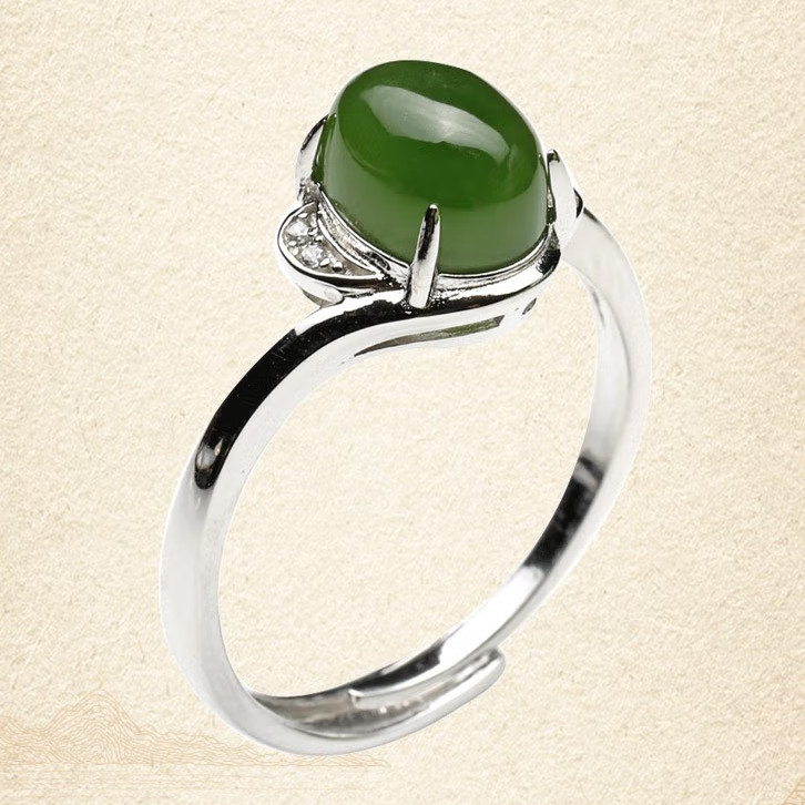 High Standard Adjustable Hetian Jade Ring - Sterling Silver Inlaid Women's Green Jade Ring with Certificate and Gift Box